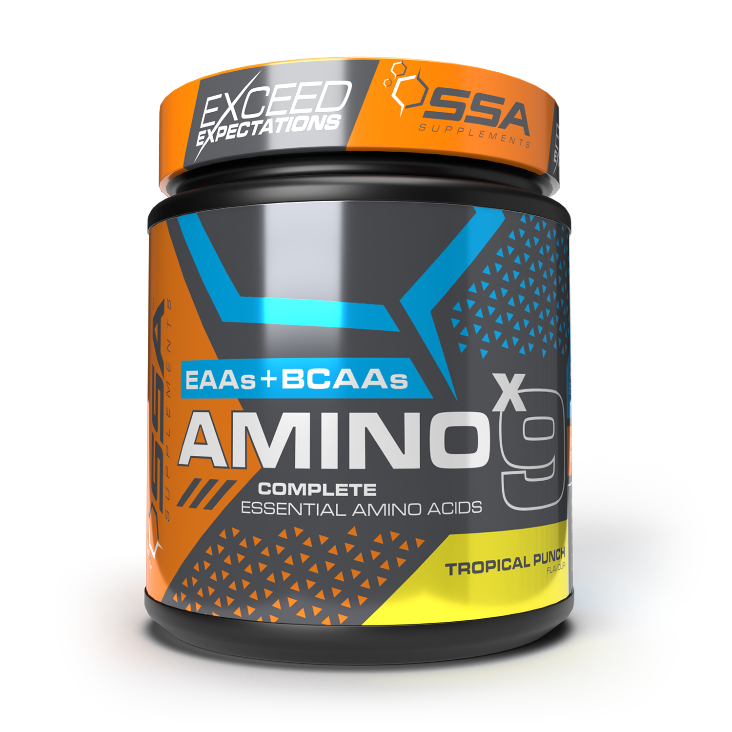 Supplement container labeled 'Amino X9' with Exceed Expectations and SSGA branding on a white background.